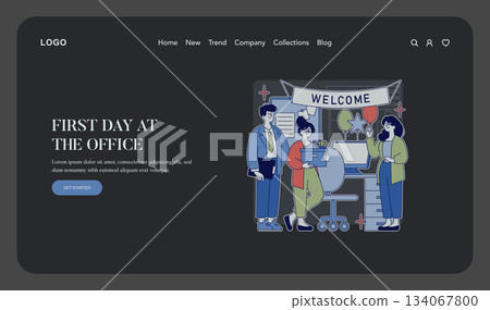 Vector illustration depicts a first day at the office scene with colleagues welcoming a newcomer. Features cheerful interaction, decorative welcome banner, and office environment. Vector illustration depicts a first day at the office scene with colleagues welcoming a newcomer. Features cheerful interaction, decorative welcome banner, and office environment. 134067800