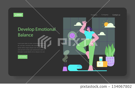 Vector illustration of a woman balancing in a yoga pose on one leg, surrounded by indoor plants and a peaceful setting, conveying the theme of emotional balance and mindfulness. 134067802