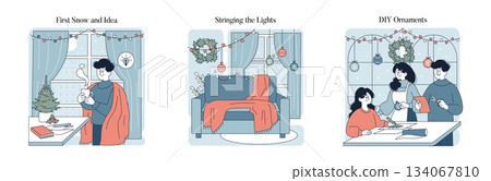 Vector illustration depicting festive holiday preparations. Scenes include enjoying winter indoors, stringing lights in a cozy living room, and crafting DIY ornaments with excitement and joy. 134067810