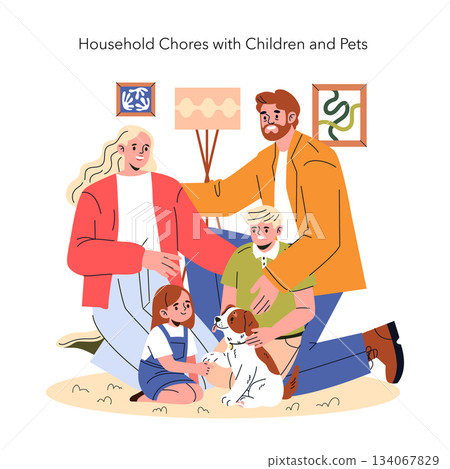 Family spending quality time with kids and a pet dog. Parents sit close to their children and pet dog, showing warmth and unity. The family enjoys being together at home in this vector illustration. 134067829