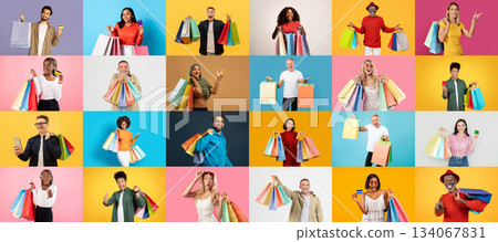 People are joyfully engaging in shopping activities, showcasing colorful bags filled with purchases during a Black Friday sales event. The vibrant collage reflects excitement and savings. 134067831
