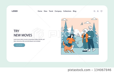 Generations Connect Outdoors. An older couple enjoys a forest walk with a young woman and her playful dog, bridging generational gaps on a joyful nature stroll. 134067846
