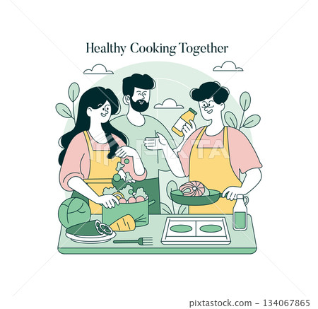 Vector illustration of three people happily preparing a healthy meal together. They share tasks, displaying teamwork and enjoyment in a kitchen setting with fresh vegetables. 134067865
