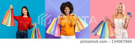 Three women display vibrant shopping bags in a cheerful collage. They exude excitement and happiness, showcasing the thrill of finding great deals during a black Friday sale. 134067866