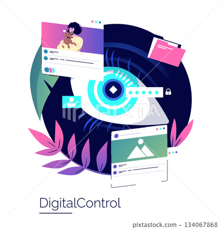Vector illustration depicting a large digital eye surrounded by social media and data icons, symbolizing digital control and online privacy concepts. 134067868