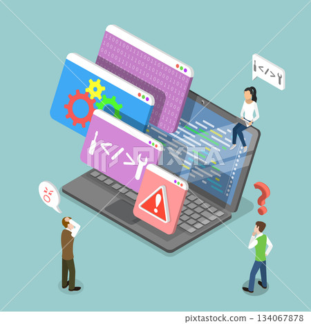 3D Isometric Flat Vector Illustration of Code Error, Process Of Bug Testing With Error Detection 3D Isometric Flat Vector Illustration of Code Error, Process Of Bug Testing With Error Detection 134067878