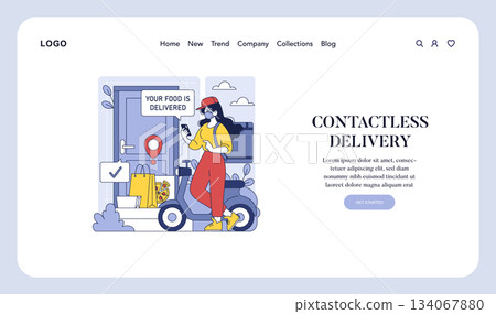 Vector illustration depicting a contactless food delivery. A masked delivery person on a scooter checks a mobile device while food is left at the door, promoting safety and convenience. 134067880