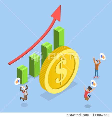 3D Isometric Flat Vector Illustration of Salary Increase, Money Symbol With Upward Arrow Signifying Increase In Dollar Price 3D Isometric Flat Vector Illustration of Salary Increase, Money Symbol With Upward Arrow Signifying Increase In Dollar Price 134067882