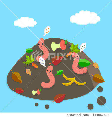 3D Isometric Flat Vector Illustration of Compost, Funny Worms Enhancing Compost Quality 134067892