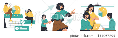 Vector illustration displaying teamwork and planning activities. A person uses a magnifying glass near a calendar, a group analyzes charts, and colleagues discuss strategies together. 134067895