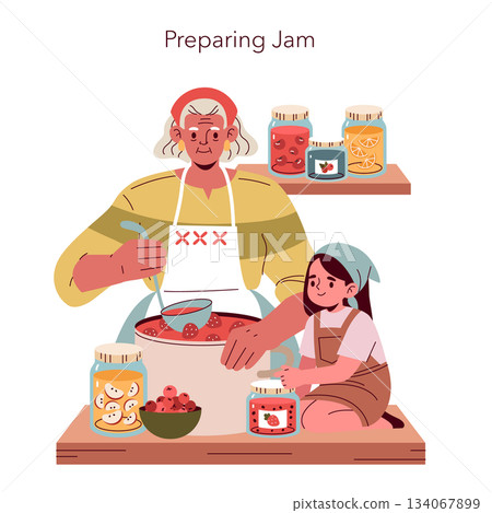 Illustrated scene of a grandmother and child preparing strawberry jam together. The elder stirs a pot while the child assists, surrounded by jars of fruit preserves. Vector illustration. Illustrated scene of a grandmother and child preparing strawberry jam together. The elder stirs a pot while the child assists, surrounded by jars of fruit preserves. Vector illustration. 134067899