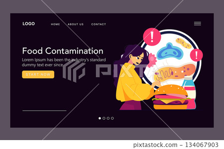 Vector illustration depicting a person analyzing food contamination with bacteria visuals. Designed for educational purposes, this website layout highlights food safety awareness. Vector illustration depicting a person analyzing food contamination with bacteria visuals. Designed for educational purposes, this website layout highlights food safety awareness. 134067903