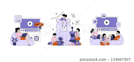 Vector illustration of children engaged in digital and play activities. Kids interact with video content, plush toys, and enjoy leisure time with positive emotions and creativity. Vector illustration of children engaged in digital and play activities. Kids interact with video content, plush toys, and enjoy leisure time with positive emotions and creativity. 134067907