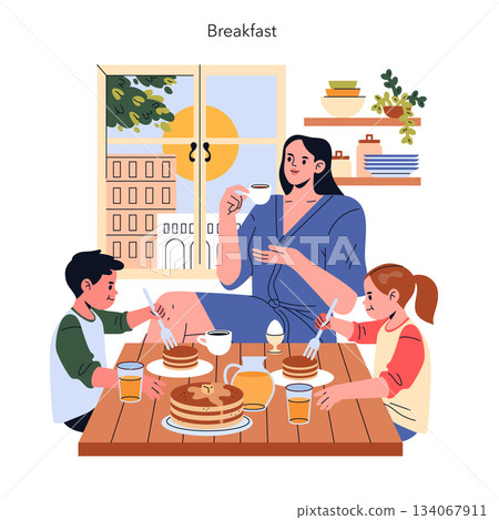 Vector illustration of a family having breakfast together. A parent and two children are sitting at a table with pancakes, coffee, and juice, enjoying a morning meal with happy expressions. 134067911