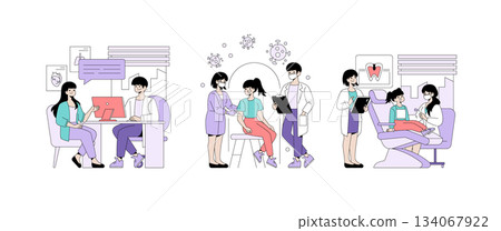 Vector illustration showcasing medical scenes in a healthcare setting. Includes doctor-patient consultation, vaccination, and dental checkup, depicting professional care and interaction. 134067922
