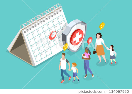 3D Isometric Flat Vector Illustration of Childhood Vaccines, Awaiting Immunization By Large Rounded Date On Calendar 3D Isometric Flat Vector Illustration of Childhood Vaccines, Awaiting Immunization By Large Rounded Date On Calendar 134067930
