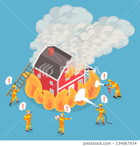3D Isometric Flat Vector Illustration of Fire Emergency, Firefighters Working Together To Extinguish Large House Fire With Fire Truck Support 134067934