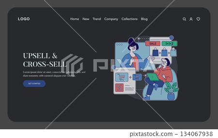 Vector illustration showing two characters discussing upselling and cross-selling concepts. Featuring digital devices and shopping icons, it highlights strategies in e-commerce marketing. Vector illustration showing two characters discussing upselling and cross-selling concepts. Featuring digital devices and shopping icons, it highlights strategies in e-commerce marketing. 134067938
