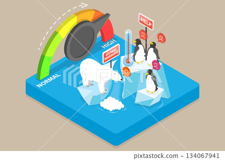 3D Isometric Flat Vector Illustration of Global Warming, Penguins And Polar Bears Worried About Melting Glaciers 3D Isometric Flat Vector Illustration of Global Warming, Penguins And Polar Bears Worried About Melting Glaciers 134067941