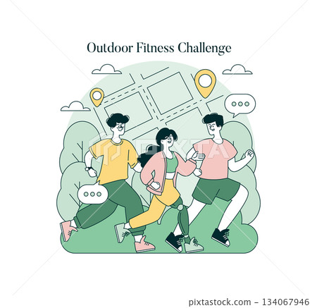 Vector illustration of three diverse individuals jogging together in an outdoor fitness challenge. Characters are smiling and chatting amid a scenic city backdrop with trees. Vector illustration of three diverse individuals jogging together in an outdoor fitness challenge. Characters are smiling and chatting amid a scenic city backdrop with trees. 134067946