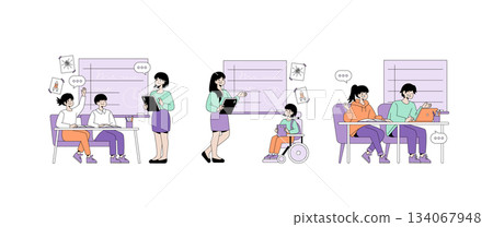 Vector illustration of students and teacher in a classroom setting. Students engage in activities, reading, discussing, and using devices, promoting diverse learning experiences and inclusivity. Vector illustration of students and teacher in a classroom setting. Students engage in activities, reading, discussing, and using devices, promoting diverse learning experiences and inclusivity. 134067948