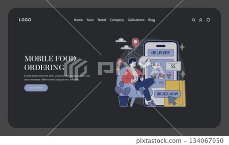 Vector illustration of a man using a mobile food ordering app. The interface shows delivery options and prices. The image suggests convenience in mobile food delivery services. Vector illustration of a man using a mobile food ordering app. The interface shows delivery options and prices. The image suggests convenience in mobile food delivery services. 134067950
