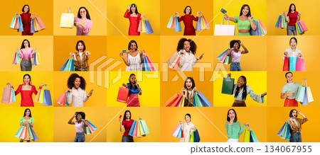 A colorful collection showcases diverse individuals celebrating shopping excitement with bags in hand. A colorful collection showcases diverse individuals celebrating shopping excitement with bags in hand. 134067955