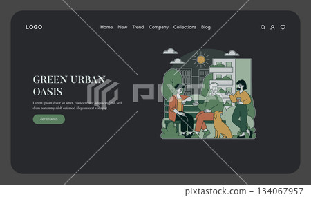 Vector illustration depicting an urban park scene with people and a dog enjoying leisure time. Surrounded by greenery and cityscape, they engage in conversation and relaxation. 134067957