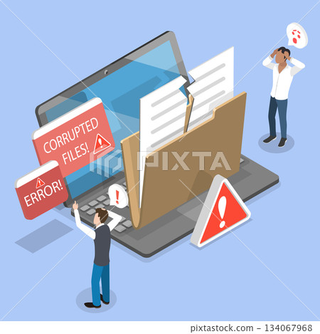 3D Isometric Flat Vector Illustration of Corrupted Files, Frustrated Individuals Looking At Broken File 134067968
