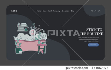 Vector illustration of a person enjoying a relaxing bath while listening to music. The image conveys a sense of tranquility with a bath filled with bubbles and surrounding decor. 134067973