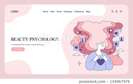 Beauty psychology concept visualizes the relationship between self-image and mental well-being. It explores emotions around beauty, confidence, and identity along with wellness practices. Vector 134067976