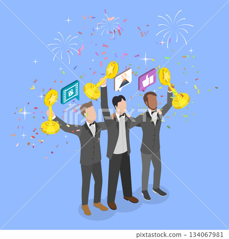 3D Isometric Flat Vector Illustration of Nomination Ceremony, Actors With Star Trophies 134067981