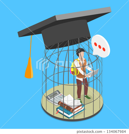 3D Isometric Flat Vector Illustration of Student Loan Trap, A Costly Trap For New Graduates Trapped In The Birdcage Of Education 134067984