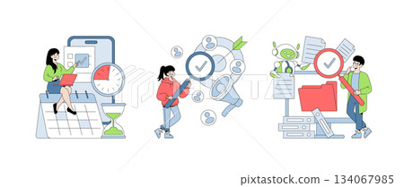 Vector illustration depicting individuals engaging in time management, task organization, and data analysis. Features digital tools like calendars, magnifying glasses, and AI documents. Vector illustration depicting individuals engaging in time management, task organization, and data analysis. Features digital tools like calendars, magnifying glasses, and AI documents. 134067985