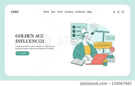 Elderly woman podcasting at a desk with microphone, headphones, and laptop. The illustration highlights modern digital engagement in the golden years, showcasing creativity and interaction. 134067987