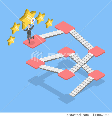 3D Isometric Flat Vector Illustration of Reaching Goal , Entrepreneur Ascends Stairs, Grasps Largest Star 3D Isometric Flat Vector Illustration of Reaching Goal , Entrepreneur Ascends Stairs, Grasps Largest Star 134067988