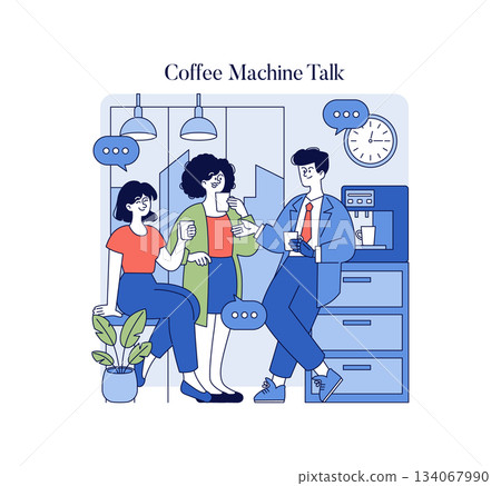 Office colleagues gather around a coffee machine engaging in a lively conversation during a break. The vector illustration depicts a casual and friendly atmosphere in a workplace setting. Office colleagues gather around a coffee machine engaging in a lively conversation during a break. The vector illustration depicts a casual and friendly atmosphere in a workplace setting. 134067990