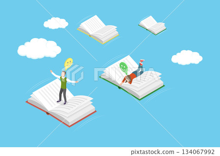 3D Isometric Flat Vector Illustration of Book Reading, Couple Soaring Above On Books Above The Clouds 3D Isometric Flat Vector Illustration of Book Reading, Couple Soaring Above On Books Above The Clouds 134067992