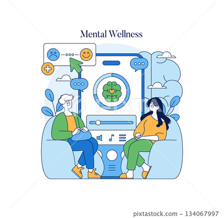 Mental wellness concept featuring two individuals engaging in a supportive discussion. Vector illustration highlights positive emotions with symbols related to mental health and well-being. Mental wellness concept featuring two individuals engaging in a supportive discussion. Vector illustration highlights positive emotions with symbols related to mental health and well-being. 134067997
