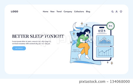 Vector illustration of a woman using a sleep tracking app on her smartphone showing sleep statistics and goals. The image promotes better sleep habits and tracking technology. Vector illustration of a woman using a sleep tracking app on her smartphone showing sleep statistics and goals. The image promotes better sleep habits and tracking technology. 134068000