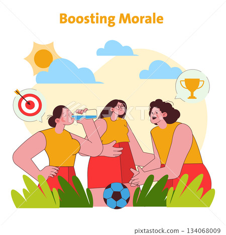 Vector illustration of a team boosting morale with positive energy. Three people express enthusiasm, teamwork, and motivation, highlighting concepts of collaboration and success. Vector illustration of a team boosting morale with positive energy. Three people express enthusiasm, teamwork, and motivation, highlighting concepts of collaboration and success. 134068009
