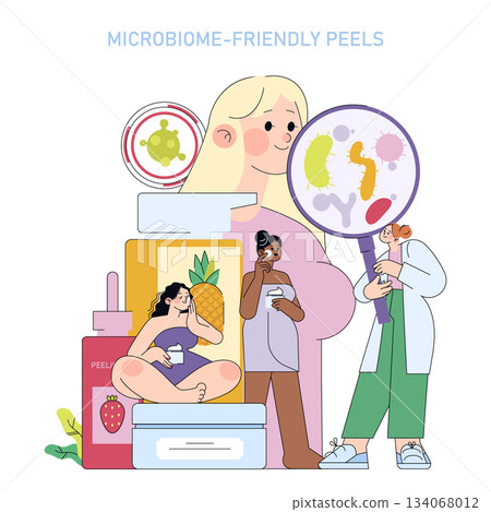 Vector illustration of diverse individuals using microbiome-friendly skincare peels. Focus on skincare products, microbes under a magnifying glass, and people applying the peels. 134068012