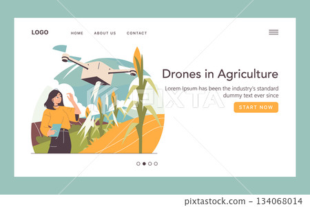 Vector illustration of a woman observing a drone flying over a cornfield, showcasing modern agriculture technology. The scene highlights the use of drones in crop management. 134068014