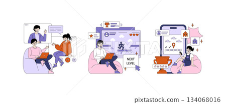 Vector illustration showcasing interactive gaming and video calls. People are seen engaging in a video call, a gaming session on a computer, and reviewing mobile app progress. 134068016