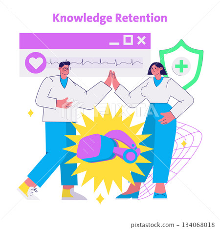 Vector illustration of two people high-fiving, symbolizing effective knowledge retention. Includes virtual reality headset, healthcare icons, and positive data analytics theme. 134068018