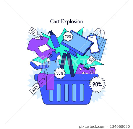 Vector illustration of a colorful shopping cart overflowing with various sale items. Discount tags display percentages, highlighting a vibrant sales event concept. 134068030
