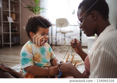 Mother and toddler playing with wooden toy at home Mother and toddler playing with wooden toy at home 134068108