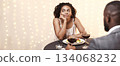 Afro woman feeling bored at first date at restaurant, couple having dinner, drinking wine 134068232