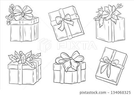 Christmas set, clip art of graphic gift box with ribbon. Graphic line art ink black and white illustration vector picture 134068325
