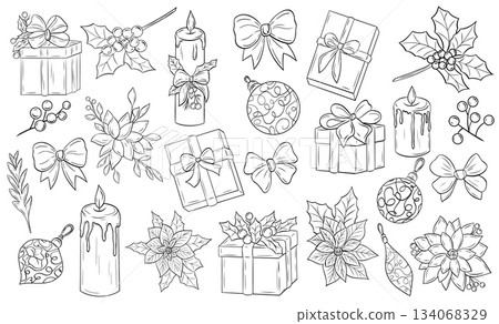 Christmas set, clip art balls, poinsettia, gift boxes, holly, red berries, silk ribbons. Vector graphic hand-drawn 134068329